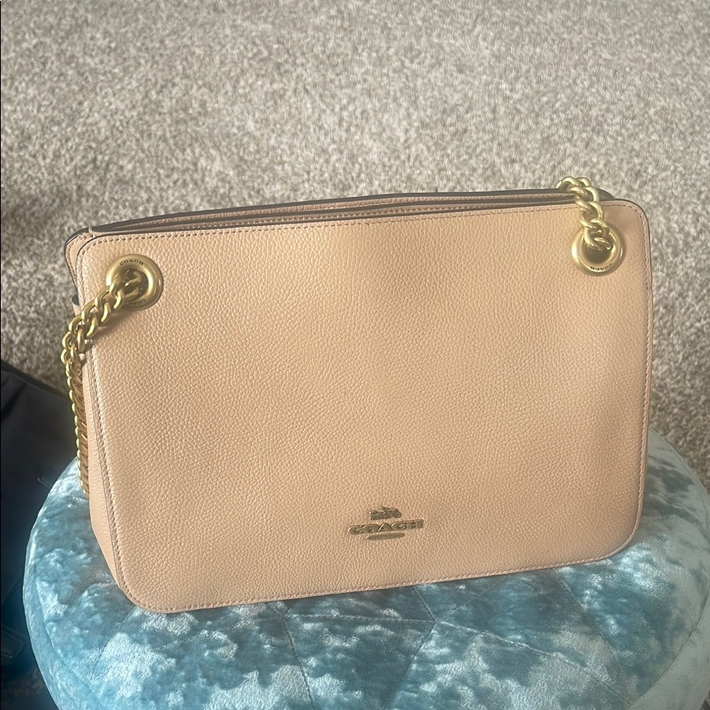 Coach Beige Leather Shoulder Bag with Gold Chain